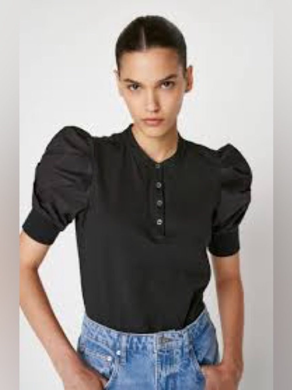 Frame The Frankie Puff Sleeve Short Sleeve Henley Top XS